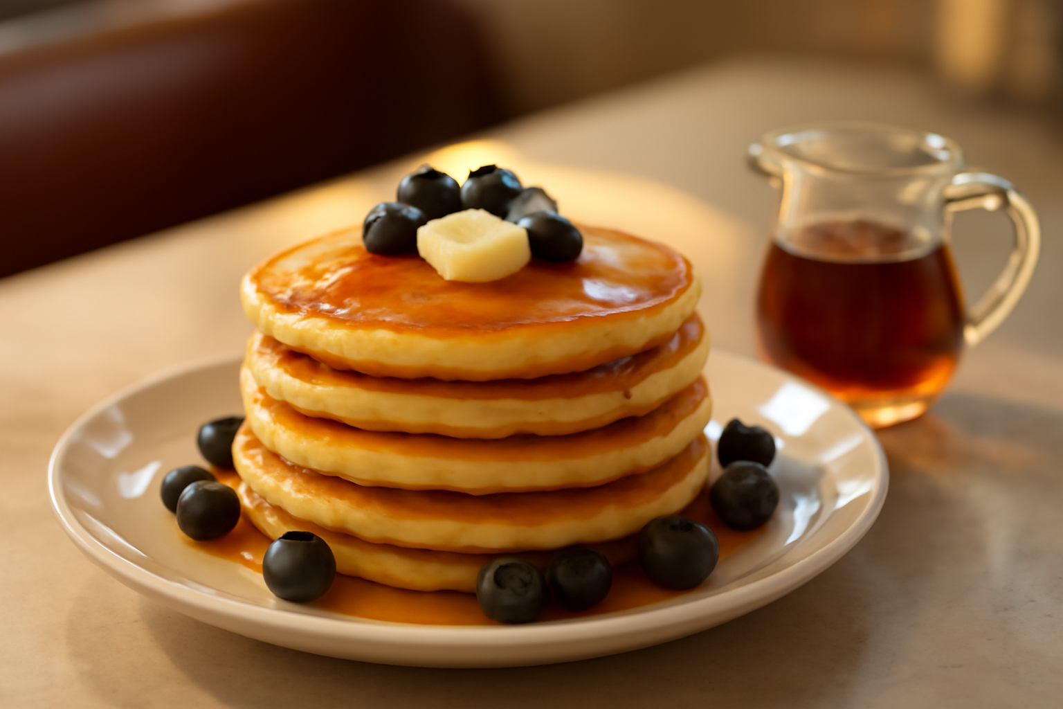 Tumpukan pancake diner dengan mentega meleleh dan blueberry segar di atas piring putih